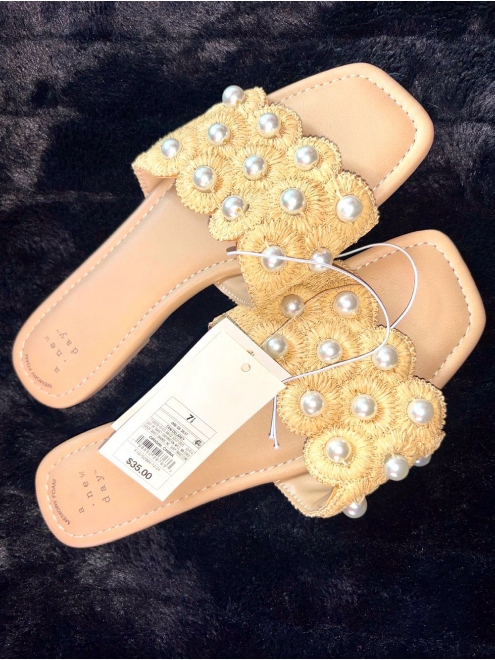 Beige Floral Pearl-Embellished Slide Sandals - Women